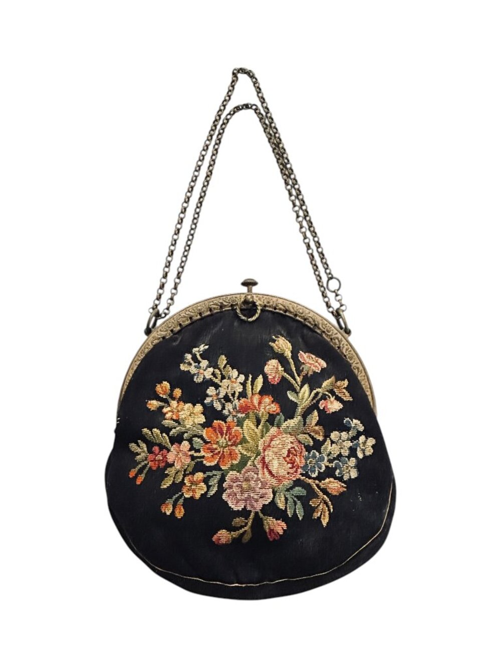 Antique 1920s Point de Beauvais floral embroidered evening bag with a chain stra